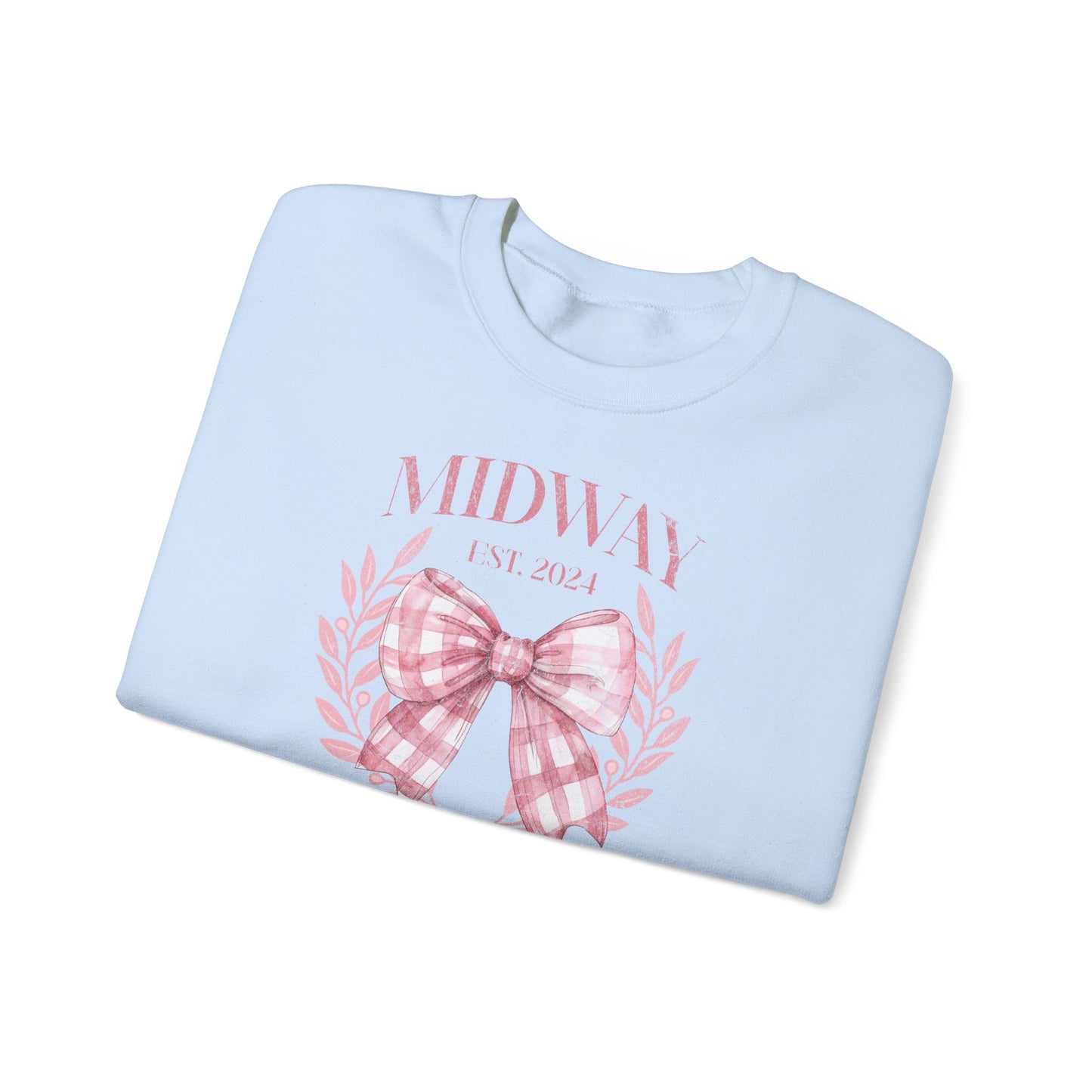 Crewneck Sweatshirt — Midway Est. 2024 Pink Gingham Bow Floral Design