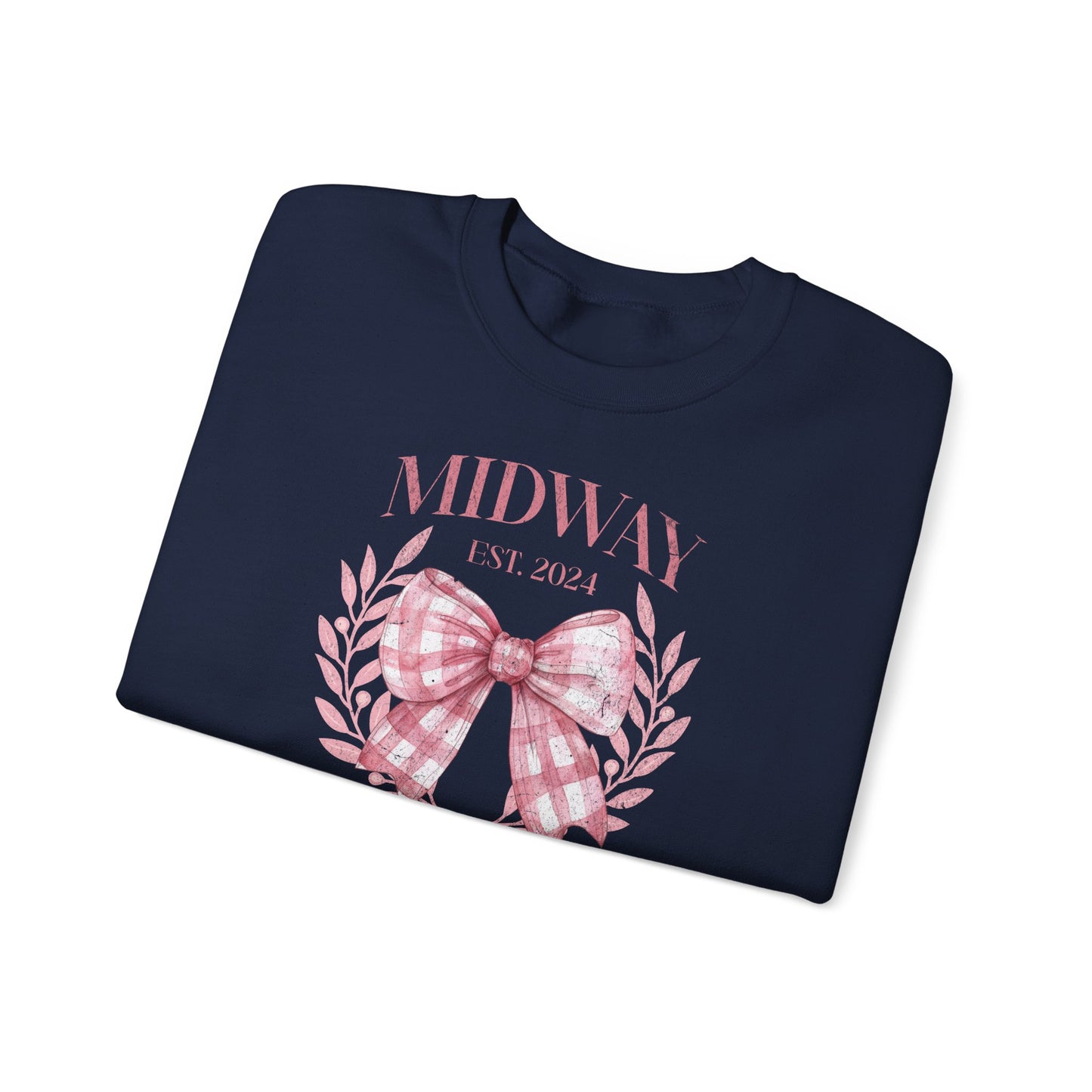 Crewneck Sweatshirt — Midway Est. 2024 Pink Gingham Bow Floral Design