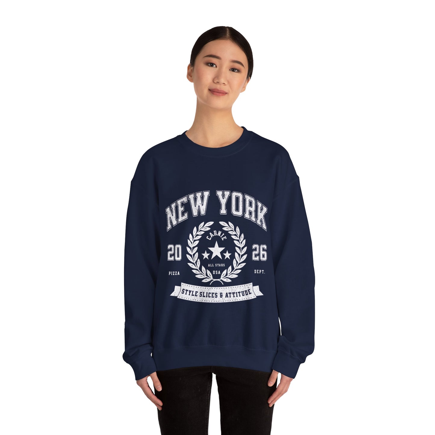 New York Crewneck Sweatshirt – 'Style, Slices & Attitude' Vintage Crest Pullover