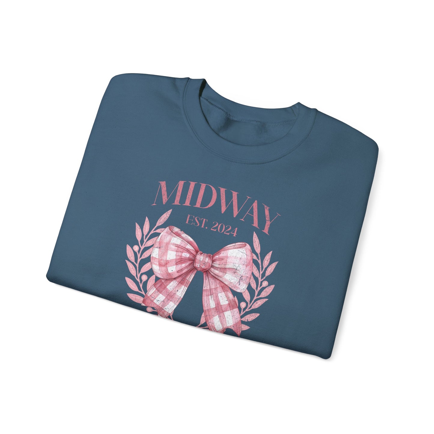 Crewneck Sweatshirt — Midway Est. 2024 Pink Gingham Bow Floral Design
