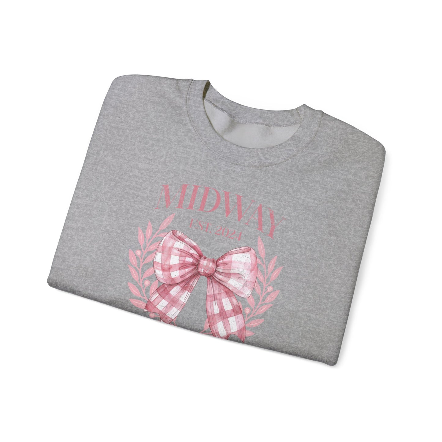 Crewneck Sweatshirt — Midway Est. 2024 Pink Gingham Bow Floral Design
