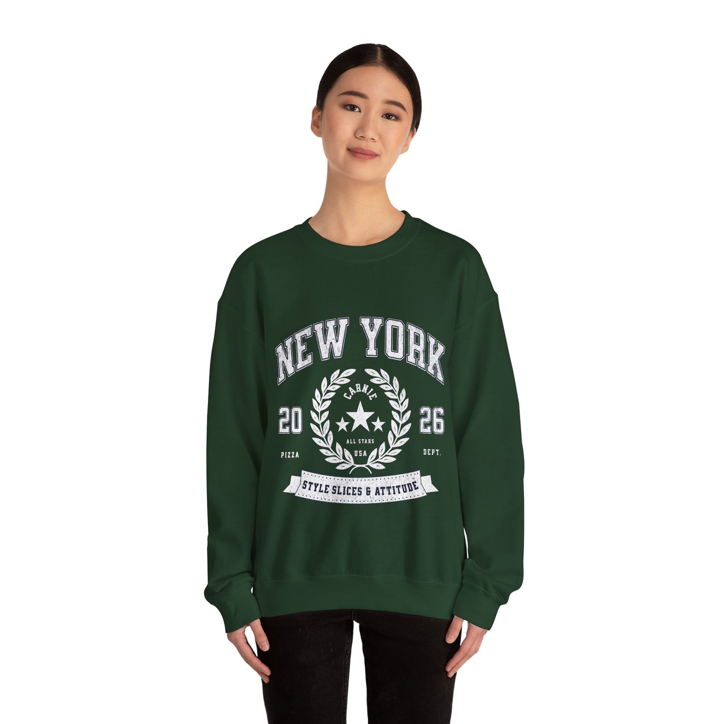 New York Crewneck Sweatshirt – 'Style, Slices & Attitude' Vintage Crest Pullover