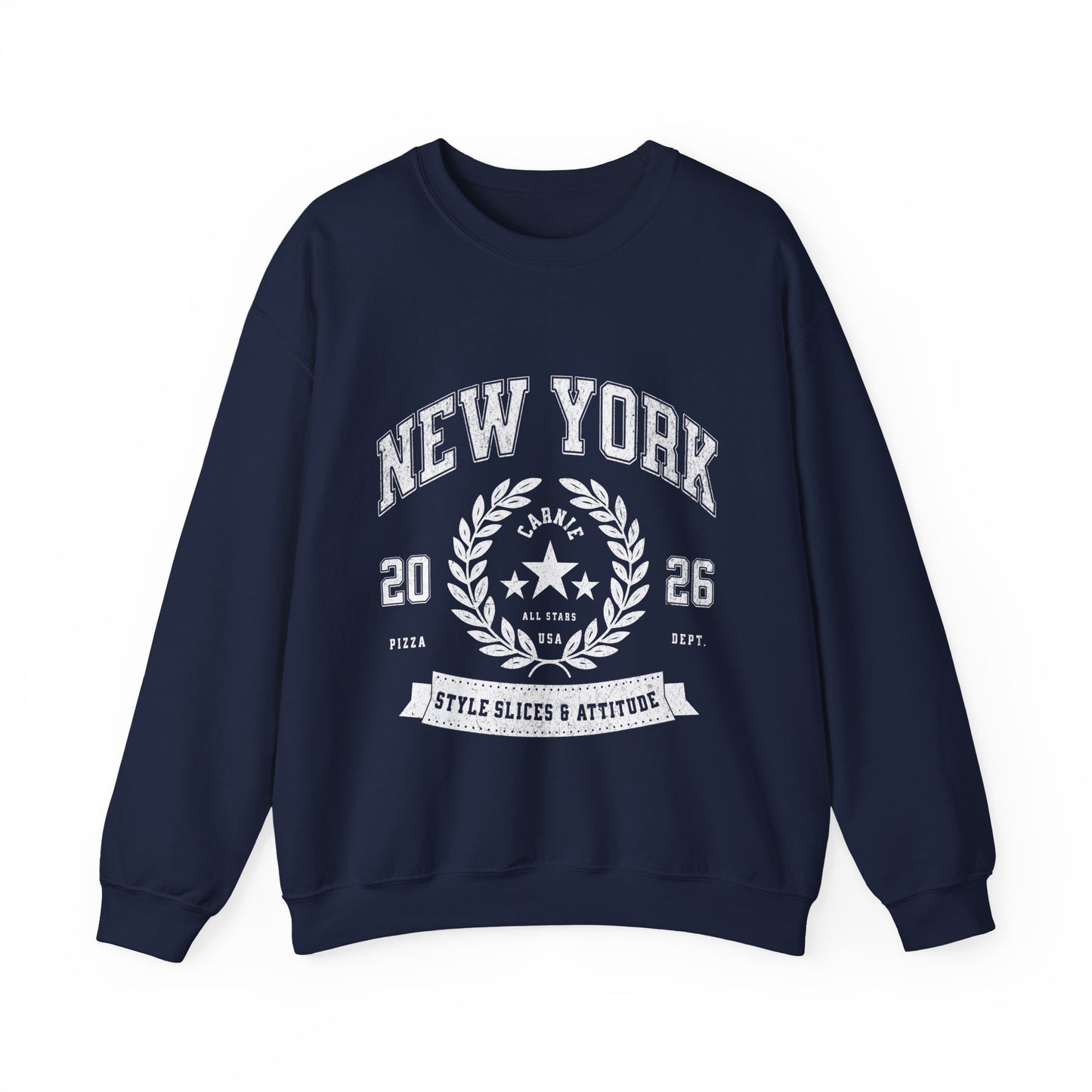 New York Crewneck Sweatshirt – 'Style, Slices & Attitude' Vintage Crest Pullover