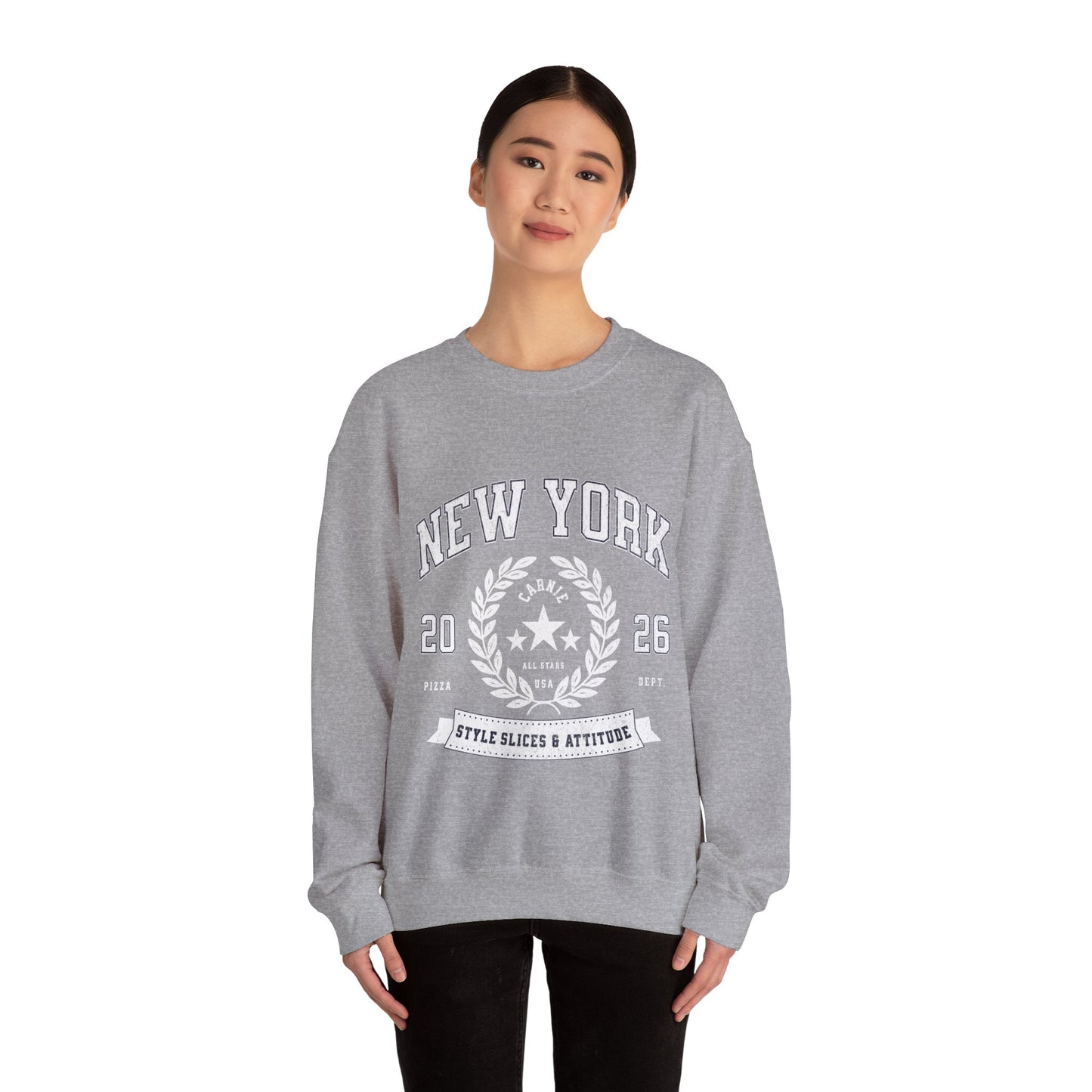 New York Crewneck Sweatshirt – 'Style, Slices & Attitude' Vintage Crest Pullover