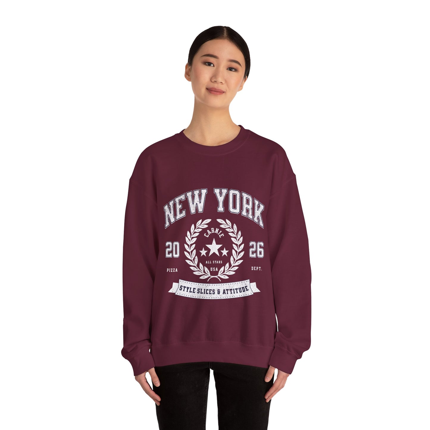 New York Crewneck Sweatshirt – 'Style, Slices & Attitude' Vintage Crest Pullover
