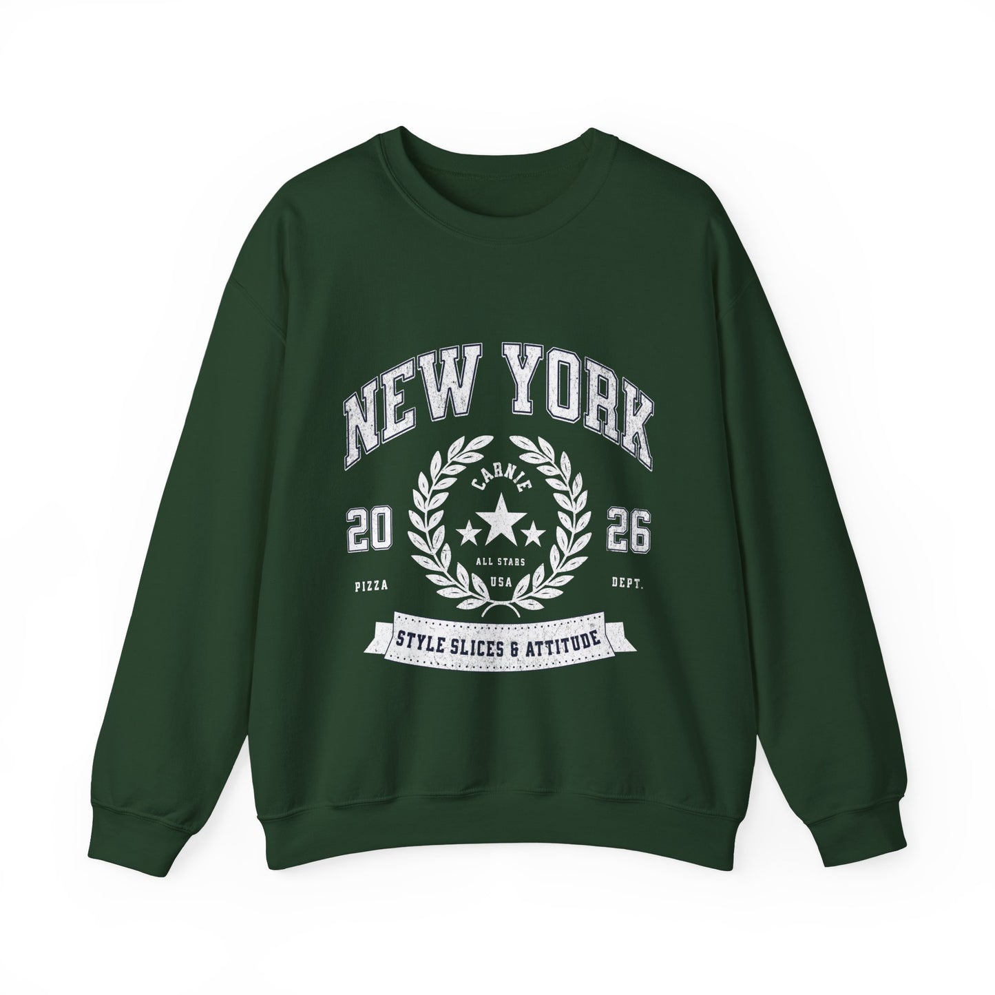 New York Crewneck Sweatshirt – 'Style, Slices & Attitude' Vintage Crest Pullover