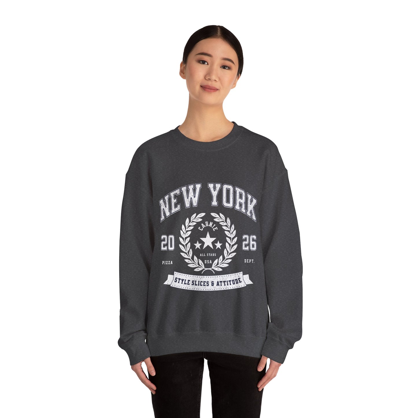 New York Crewneck Sweatshirt – 'Style, Slices & Attitude' Vintage Crest Pullover