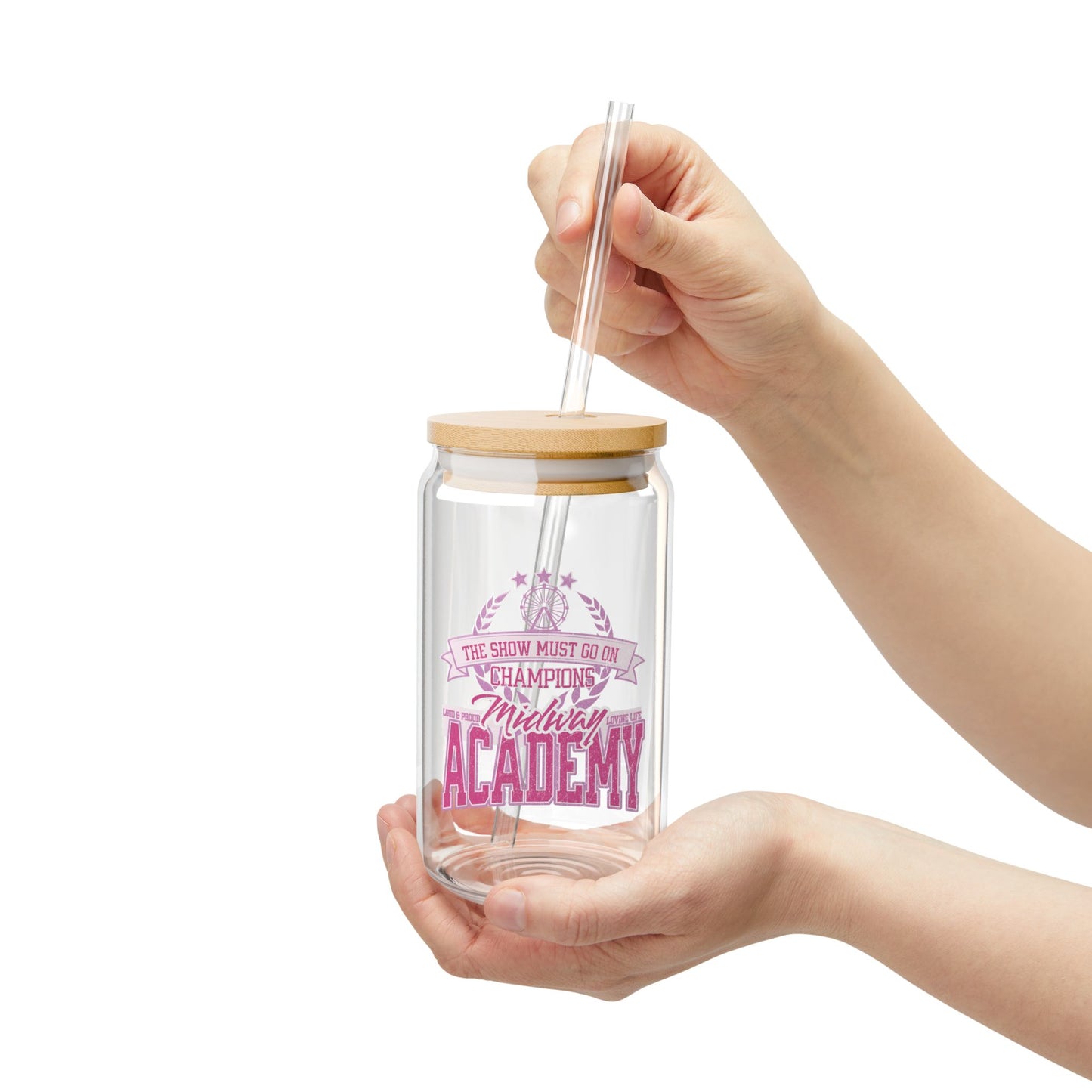 'Midway Academy' 16oz Clear Glass Tumbler with Bamboo Lid & Straw