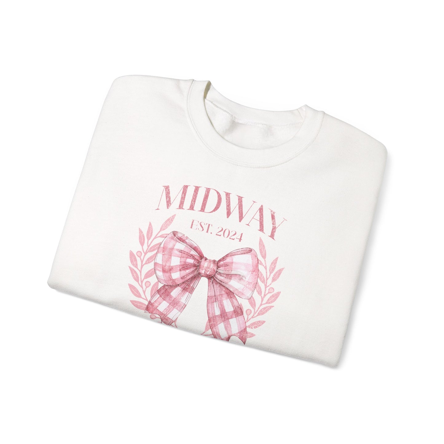 Crewneck Sweatshirt — Midway Est. 2024 Pink Gingham Bow Floral Design
