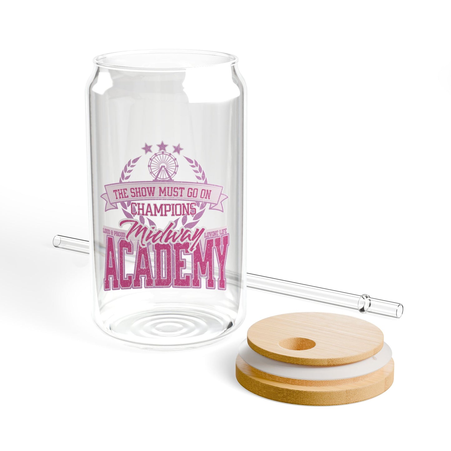 'Midway Academy' 16oz Clear Glass Tumbler with Bamboo Lid & Straw